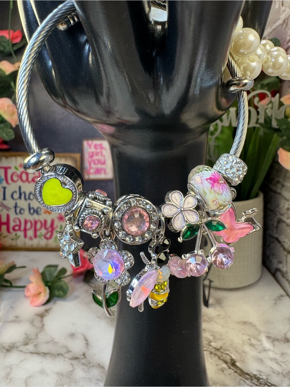 Charm Bangle Bracelet with Pink and Green Accents